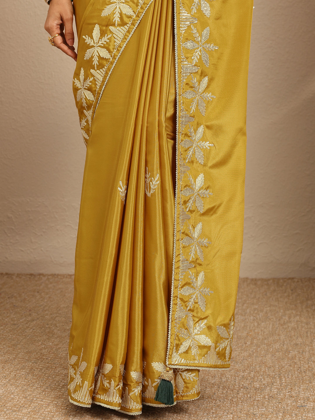  Mustard Embroidered Silk Blend Saree With Unstitched Blouse Piece 