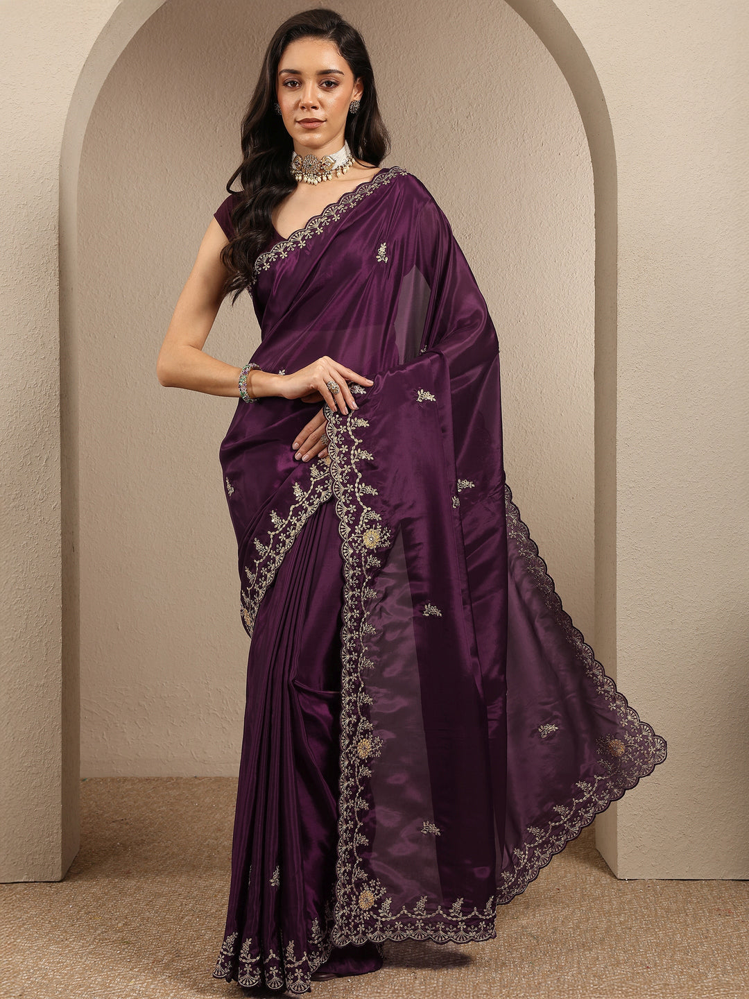  Burgundy Embroidered Silk Blend Saree With Unstitched Blouse Piece 