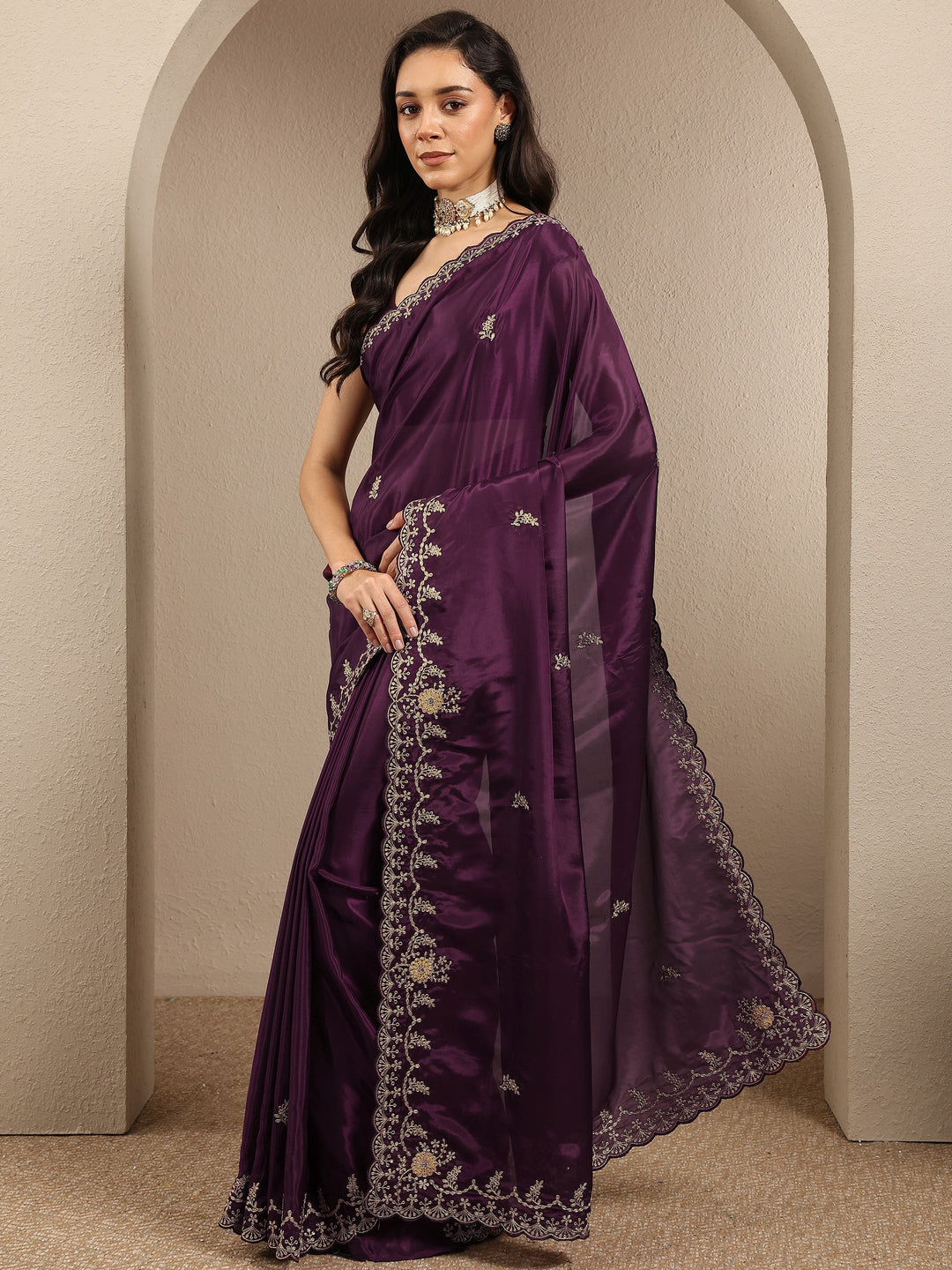  Burgundy Embroidered Silk Blend Saree With Unstitched Blouse Piece 