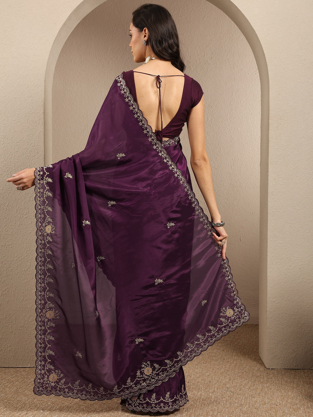  Burgundy Embroidered Silk Blend Saree With Unstitched Blouse Piece 
