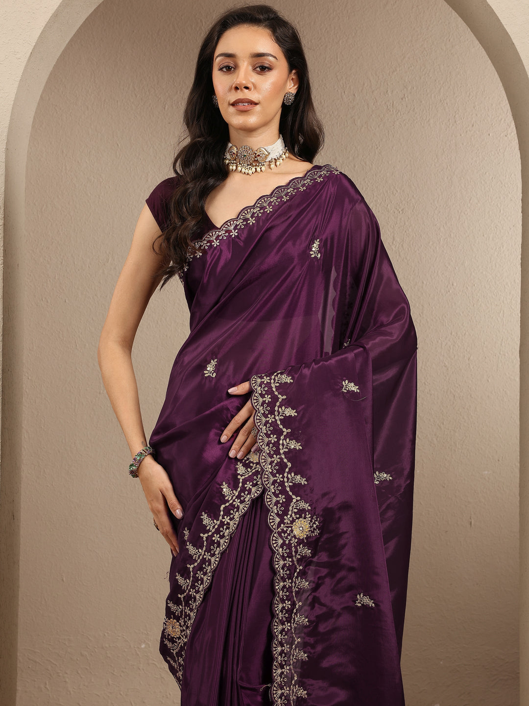 Burgundy Embroidered Silk Blend Saree With Unstitched Blouse Piece 