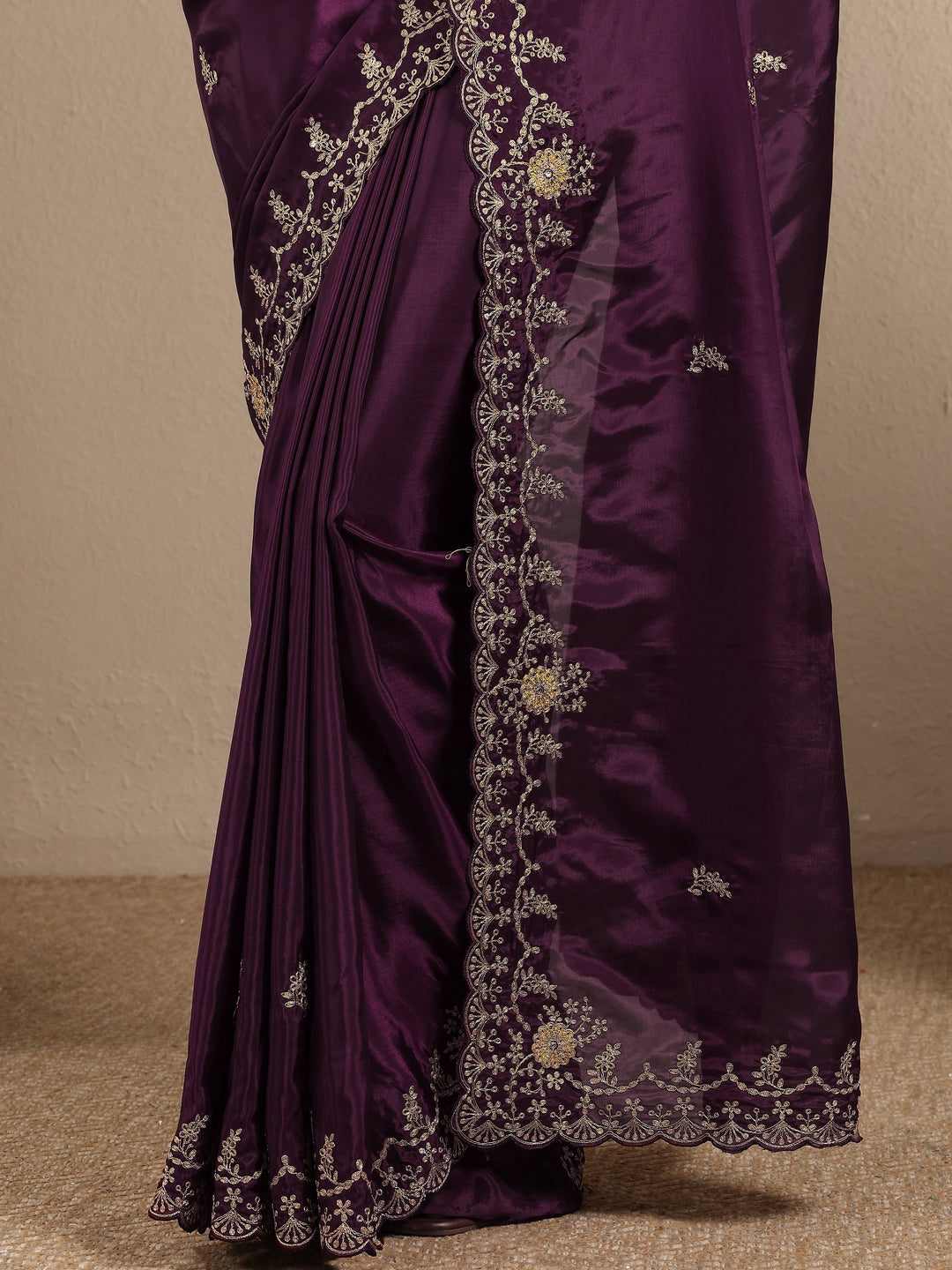  Burgundy Embroidered Silk Blend Saree With Unstitched Blouse Piece 