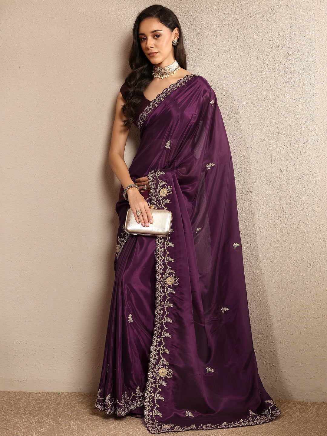  Burgundy Embroidered Silk Blend Saree With Unstitched Blouse Piece 