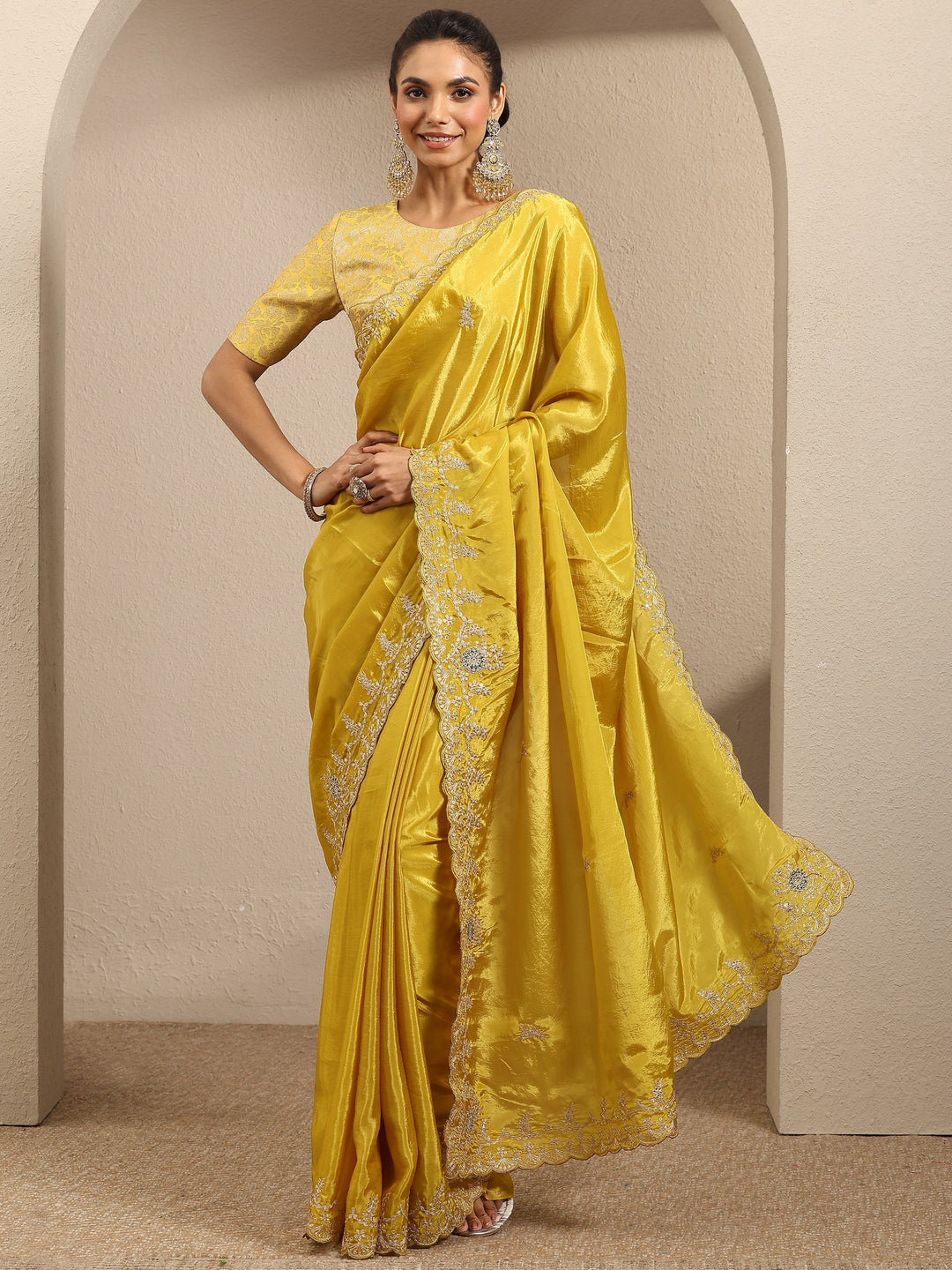  Mustard Embroidered Silk Blend Saree With Unstitched Blouse Piece 