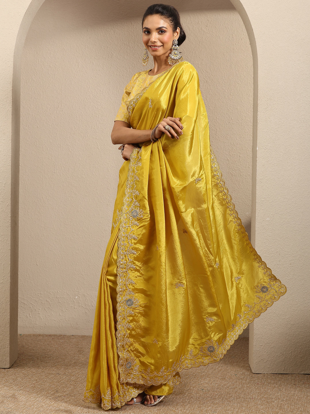  Mustard Embroidered Silk Blend Saree With Unstitched Blouse Piece 