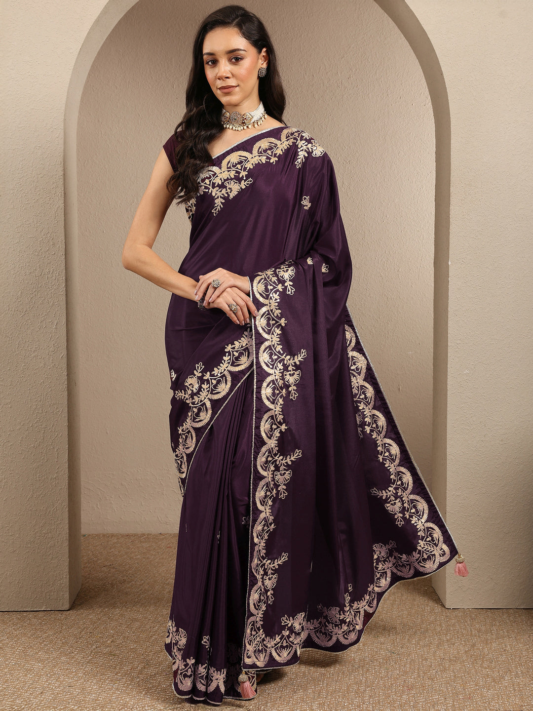  Burgundy Embroidered Silk Blend Saree With Unstitched Blouse Piece 