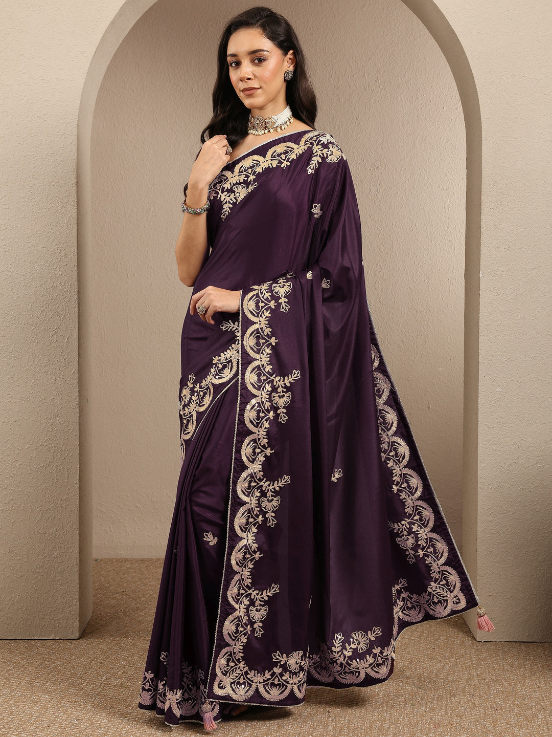  Burgundy Embroidered Silk Blend Saree With Unstitched Blouse Piece 