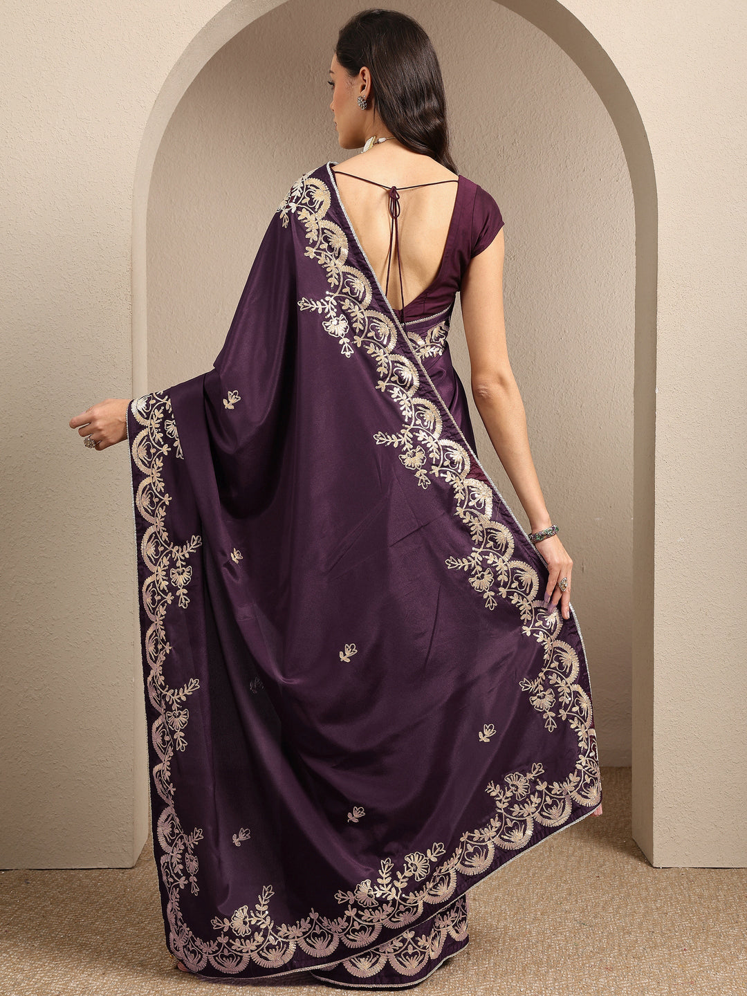  Burgundy Embroidered Silk Blend Saree With Unstitched Blouse Piece 