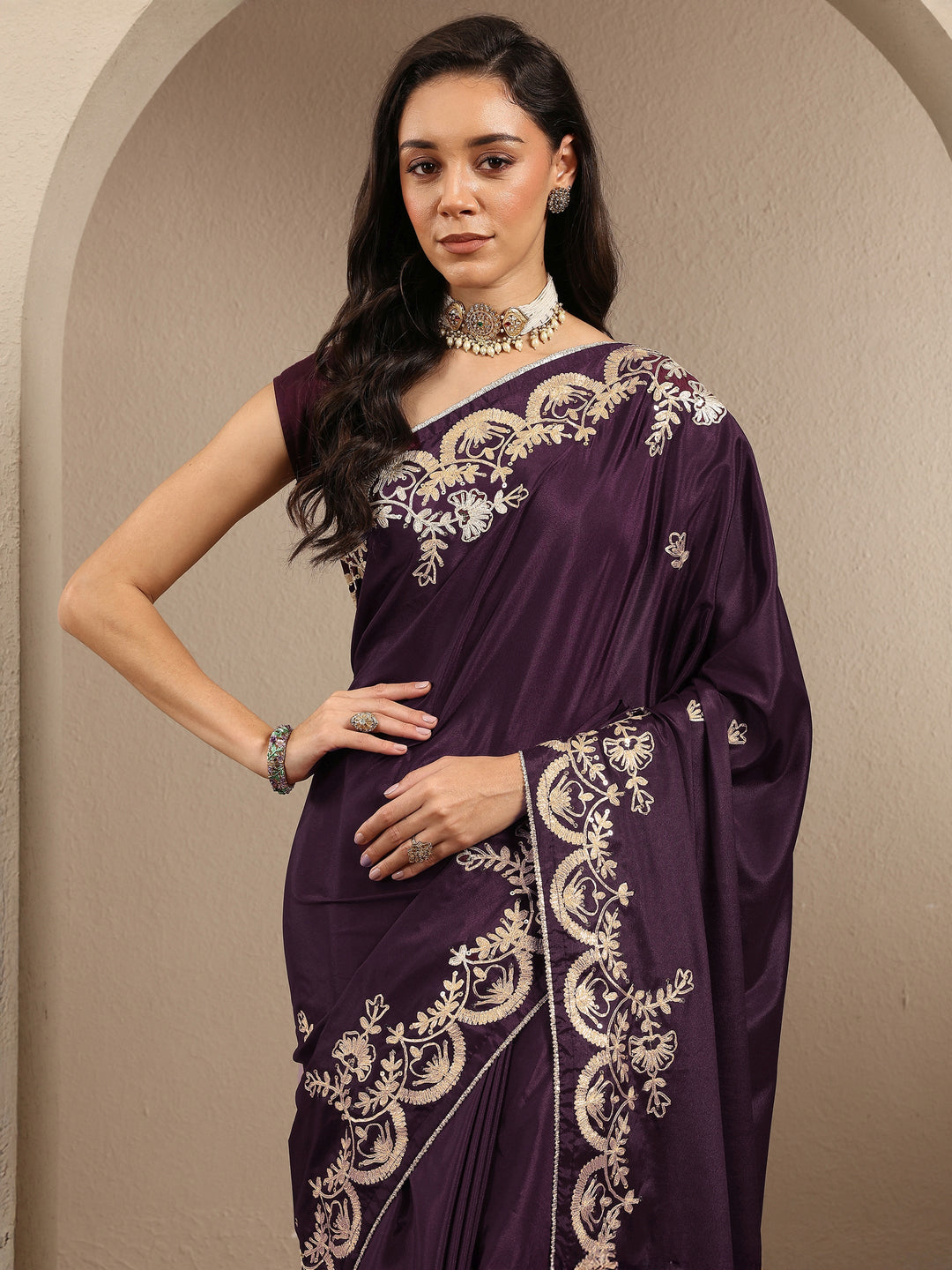  Burgundy Embroidered Silk Blend Saree With Unstitched Blouse Piece 