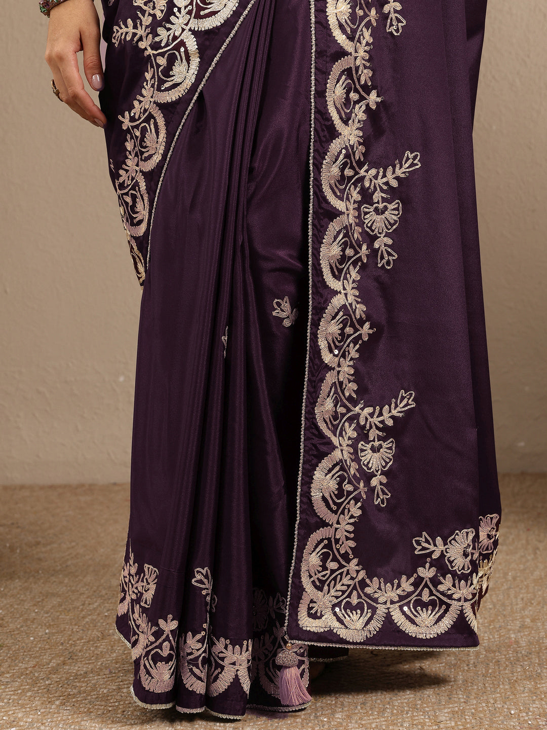 Burgundy Embroidered Silk Blend Saree With Unstitched Blouse Piece 