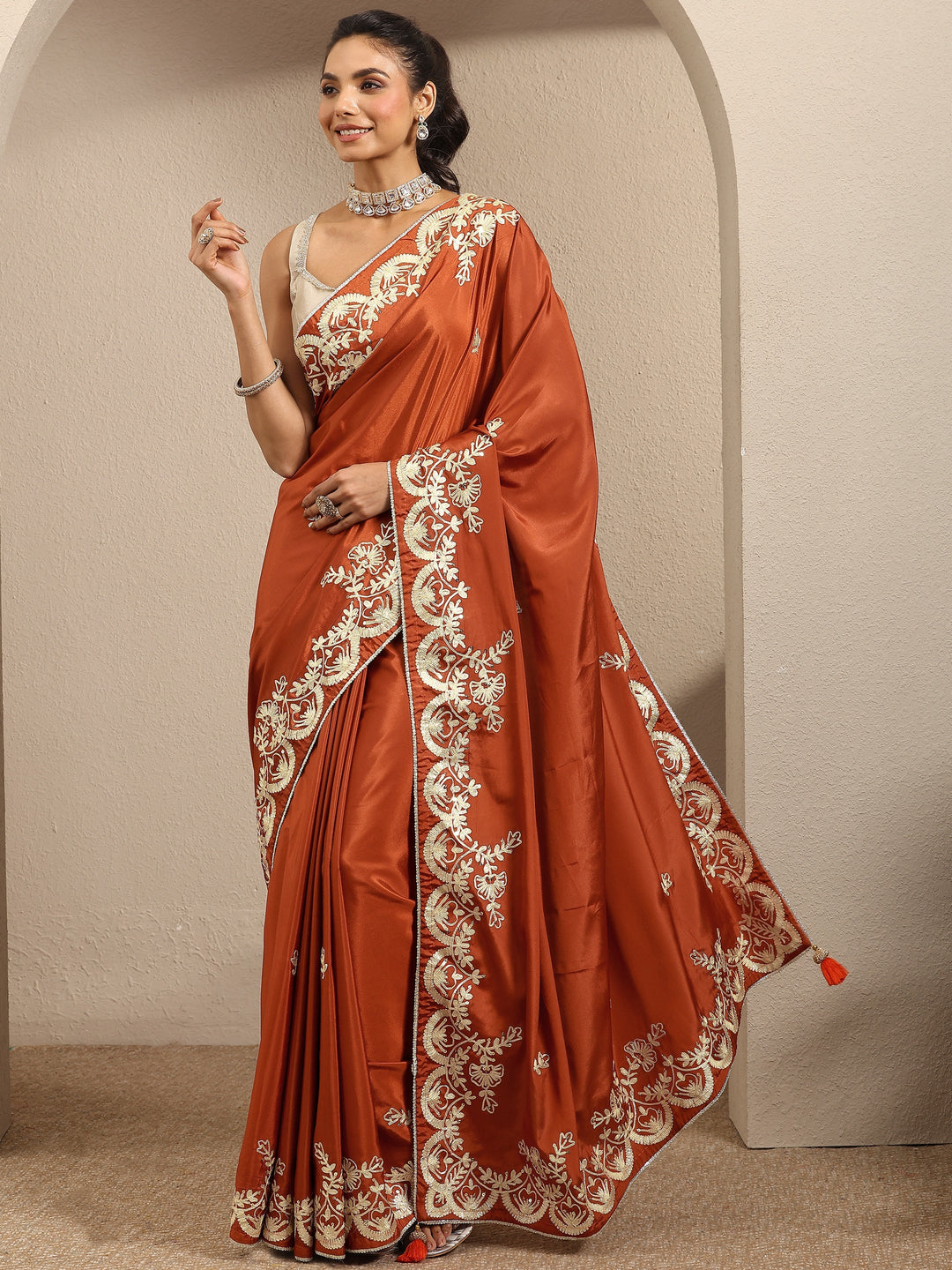  Rust Embroidered Silk Blend Saree With Unstitched Blouse Piece 