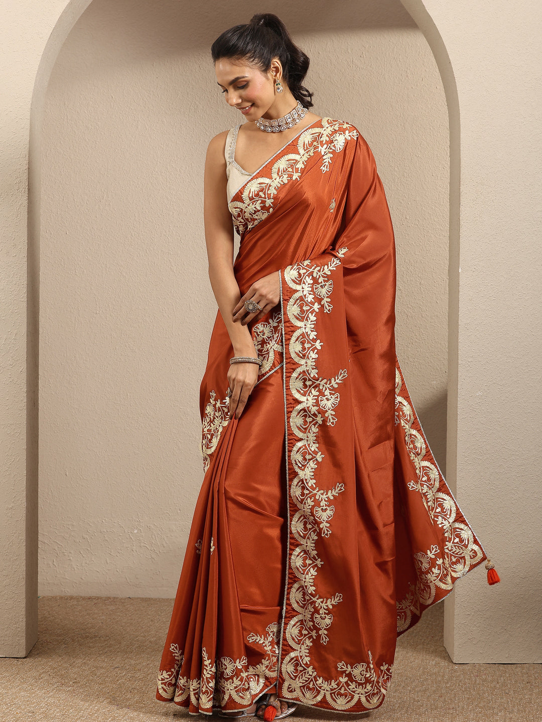  Rust Embroidered Silk Blend Saree With Unstitched Blouse Piece 