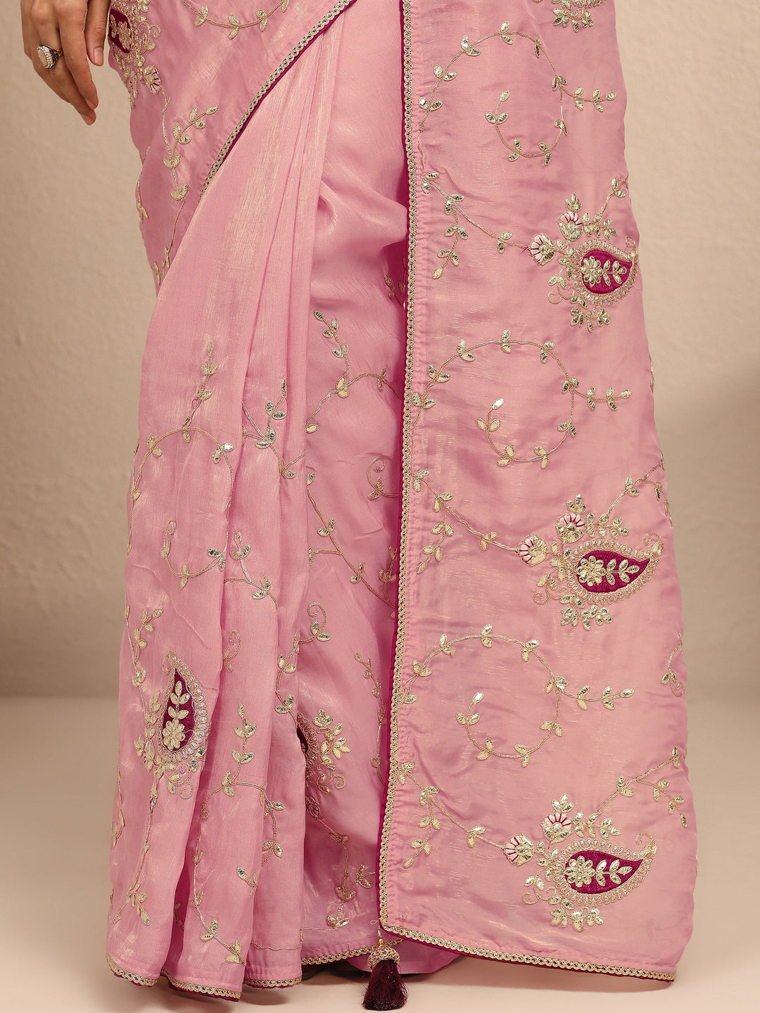  Peach Embroidered Silk Blend Saree With Unstitched Blouse Piece 