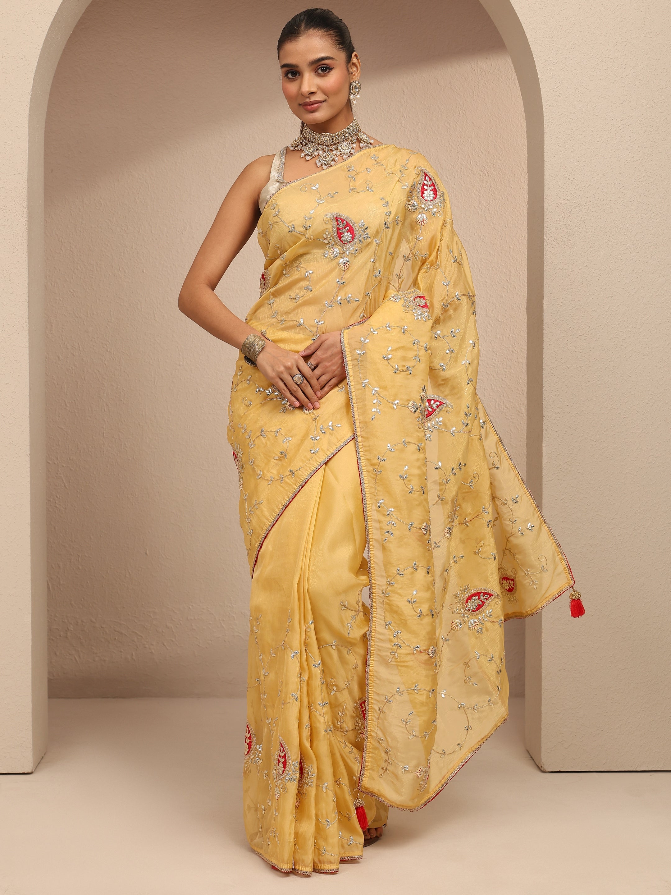 libas Mustard Embroidered Silk Blend Saree With Unstitched Blouse Piece-picture-23