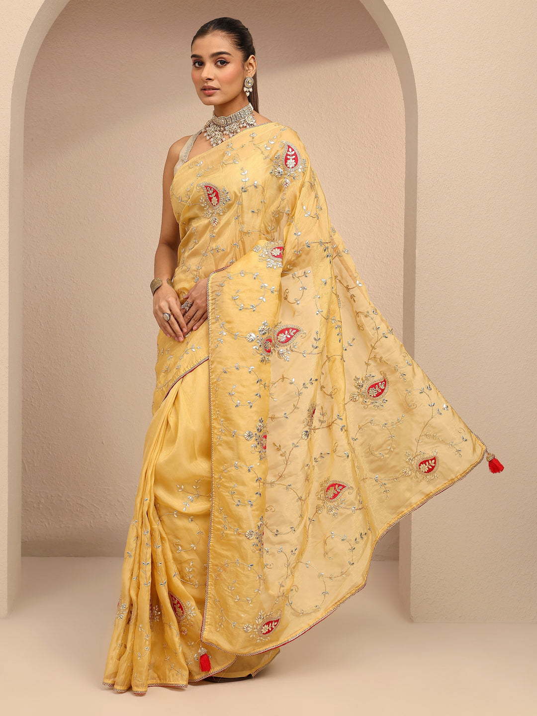  Mustard Embroidered Silk Blend Saree With Unstitched Blouse Piece 