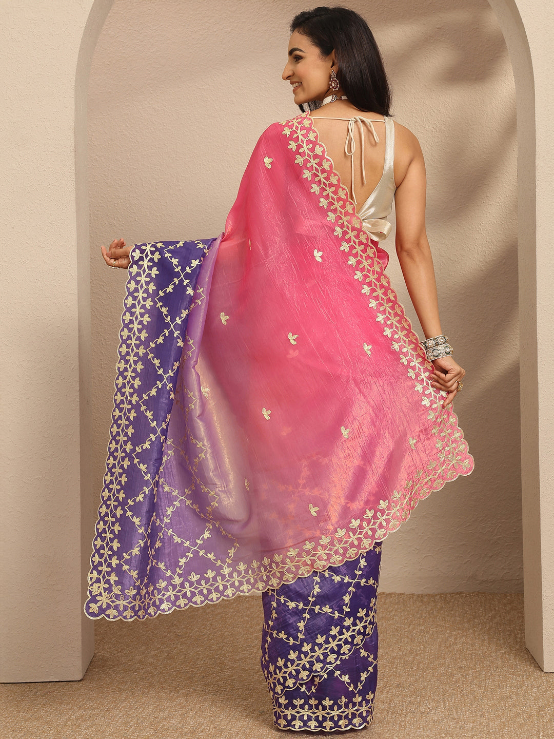  Pink Embroidered Silk Blend Saree With Unstitched Blouse Piece 
