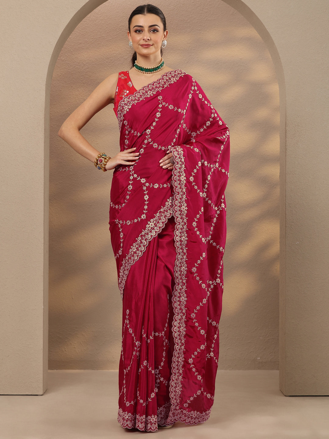  Rust Embroidered Silk Blend Saree With Unstitched Blouse Piece 