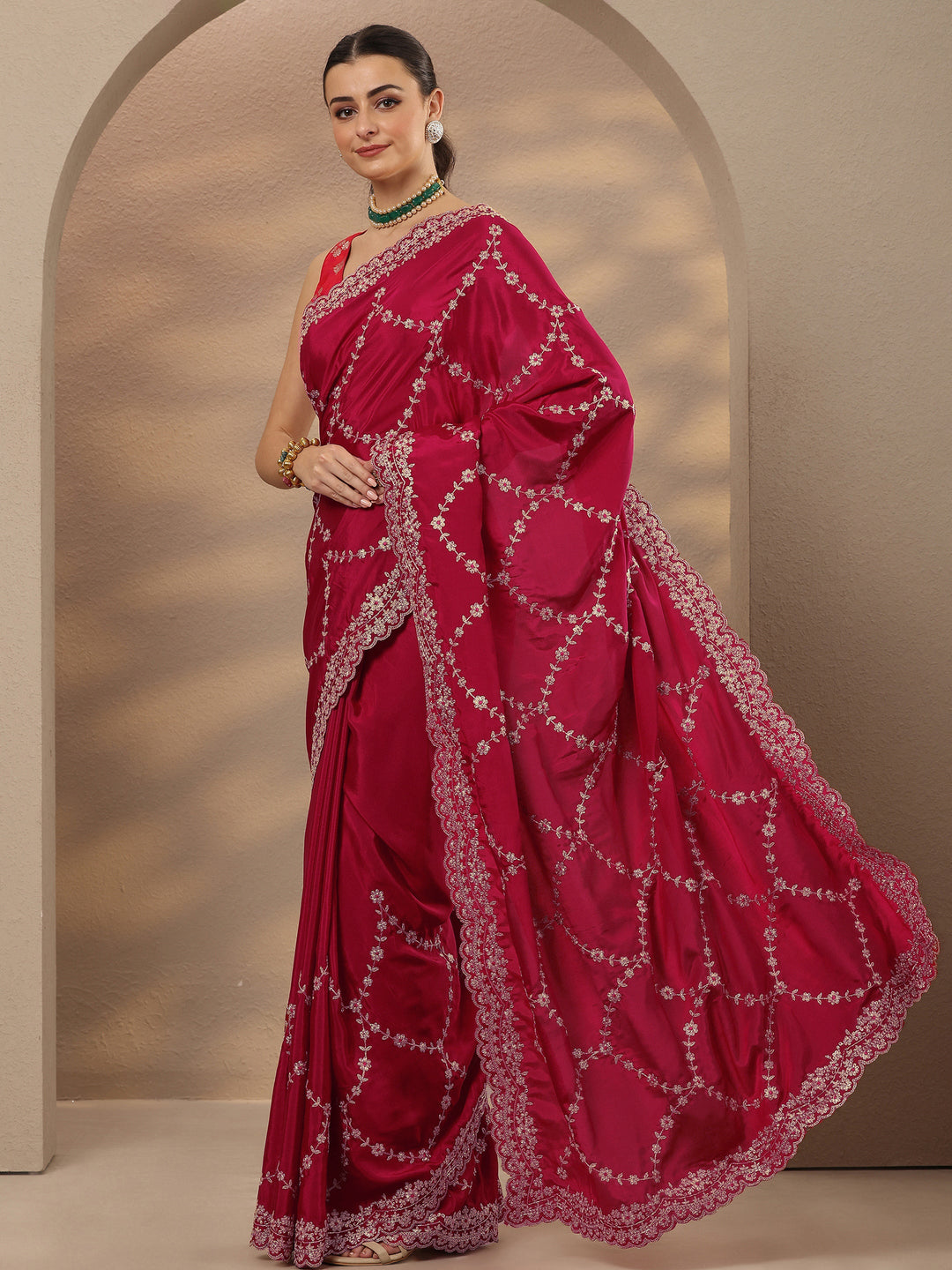  Rust Embroidered Silk Blend Saree With Unstitched Blouse Piece 