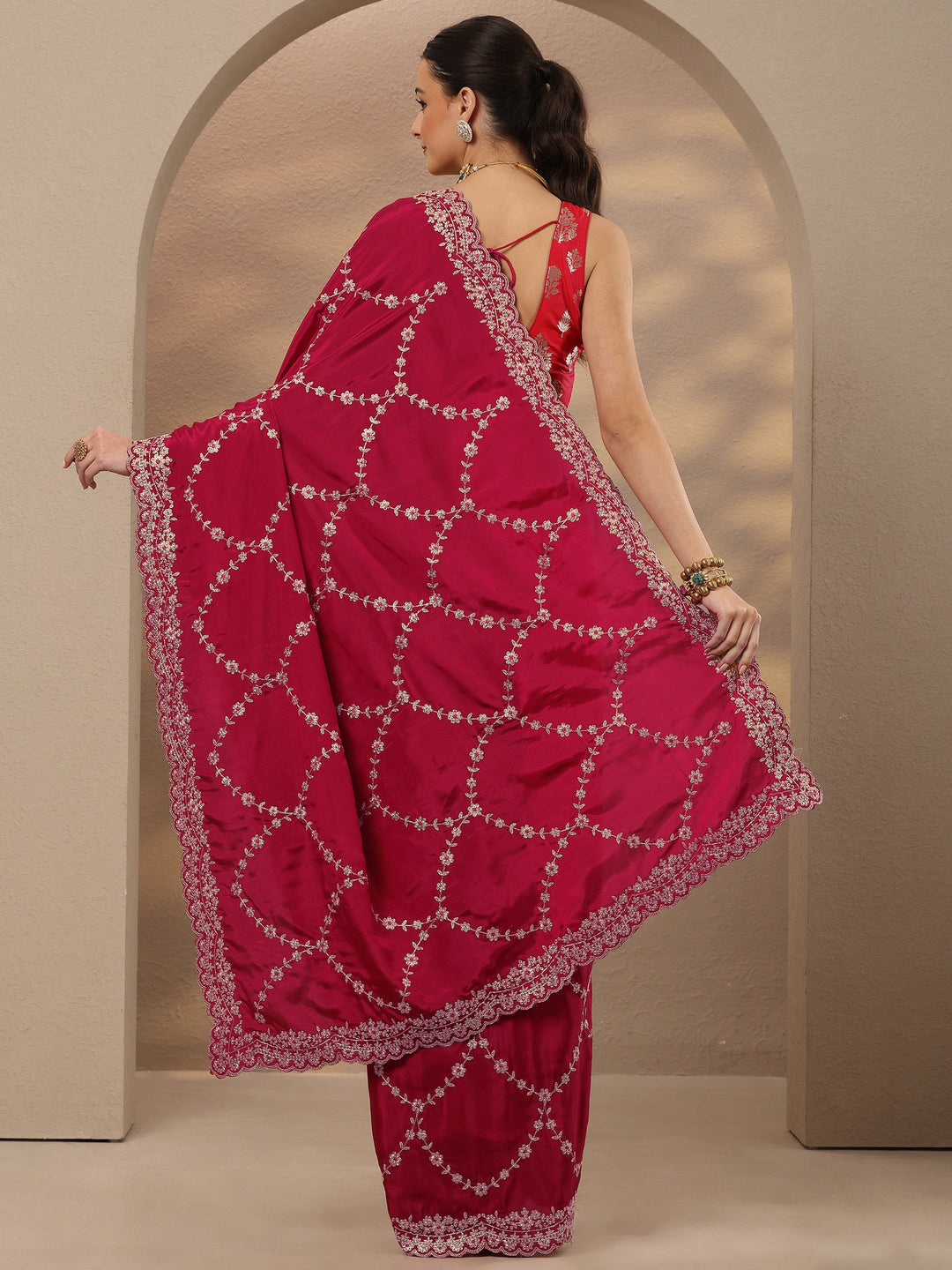  Rust Embroidered Silk Blend Saree With Unstitched Blouse Piece 