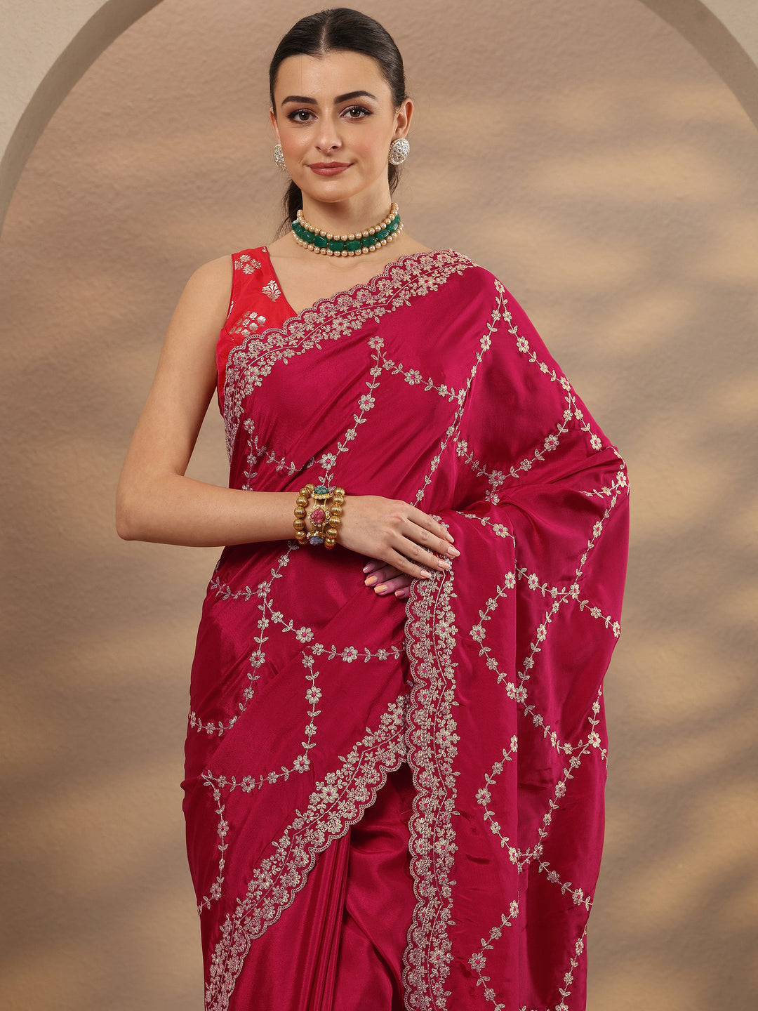  Rust Embroidered Silk Blend Saree With Unstitched Blouse Piece 