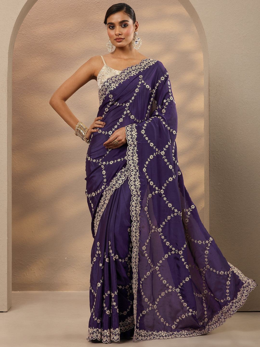  Purple Embroidered Silk Blend Saree With Unstitched Blouse Piece 