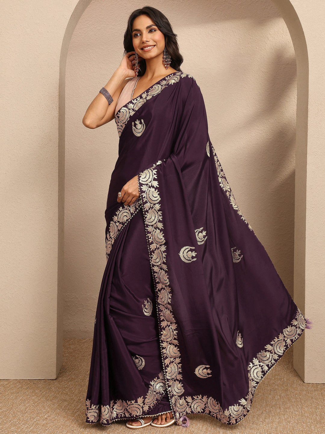  Burgundy Embroidered Silk Blend Saree With Unstitched Blouse Piece 