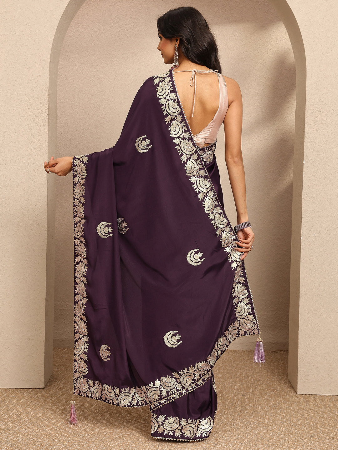 Burgundy Embroidered Silk Blend Saree With Unstitched Blouse Piece 