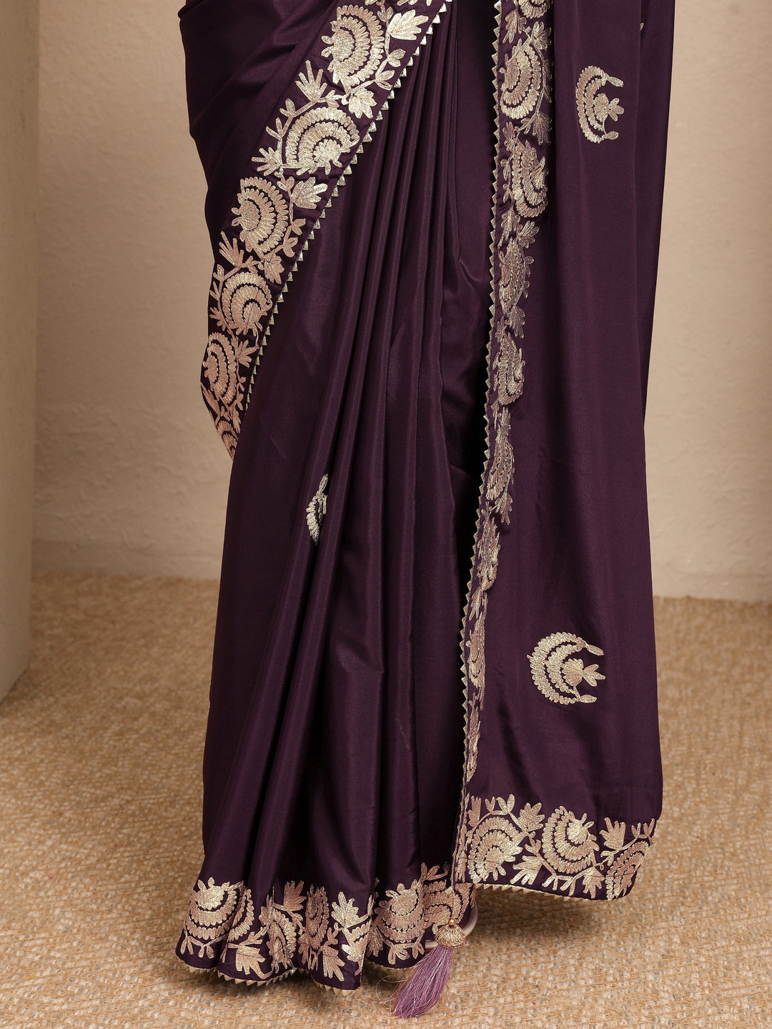  Burgundy Embroidered Silk Blend Saree With Unstitched Blouse Piece 