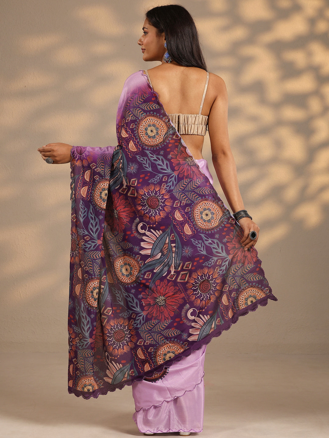  Lavender Printed Silk Blend Saree With Unstitched Blouse Piece 