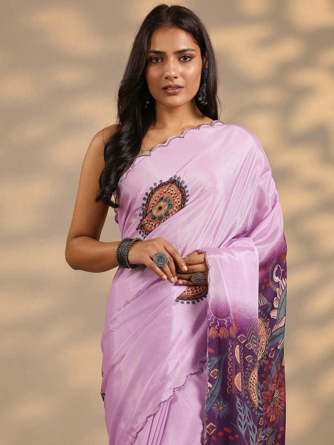  Lavender Printed Silk Blend Saree With Unstitched Blouse Piece 