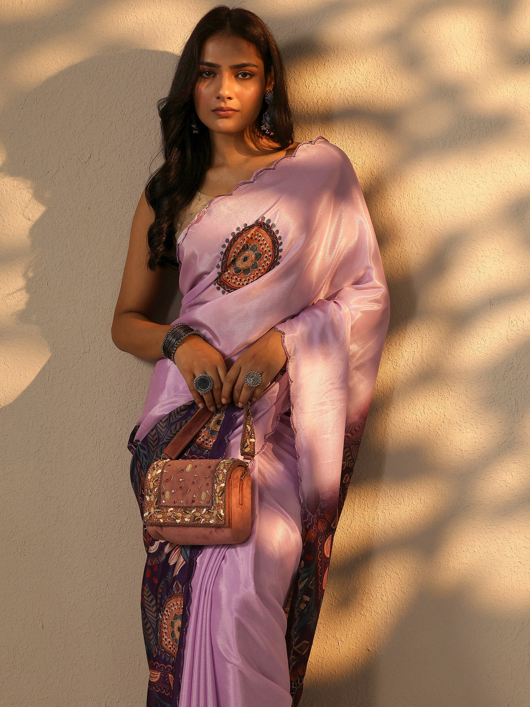  Lavender Printed Silk Blend Saree With Unstitched Blouse Piece 