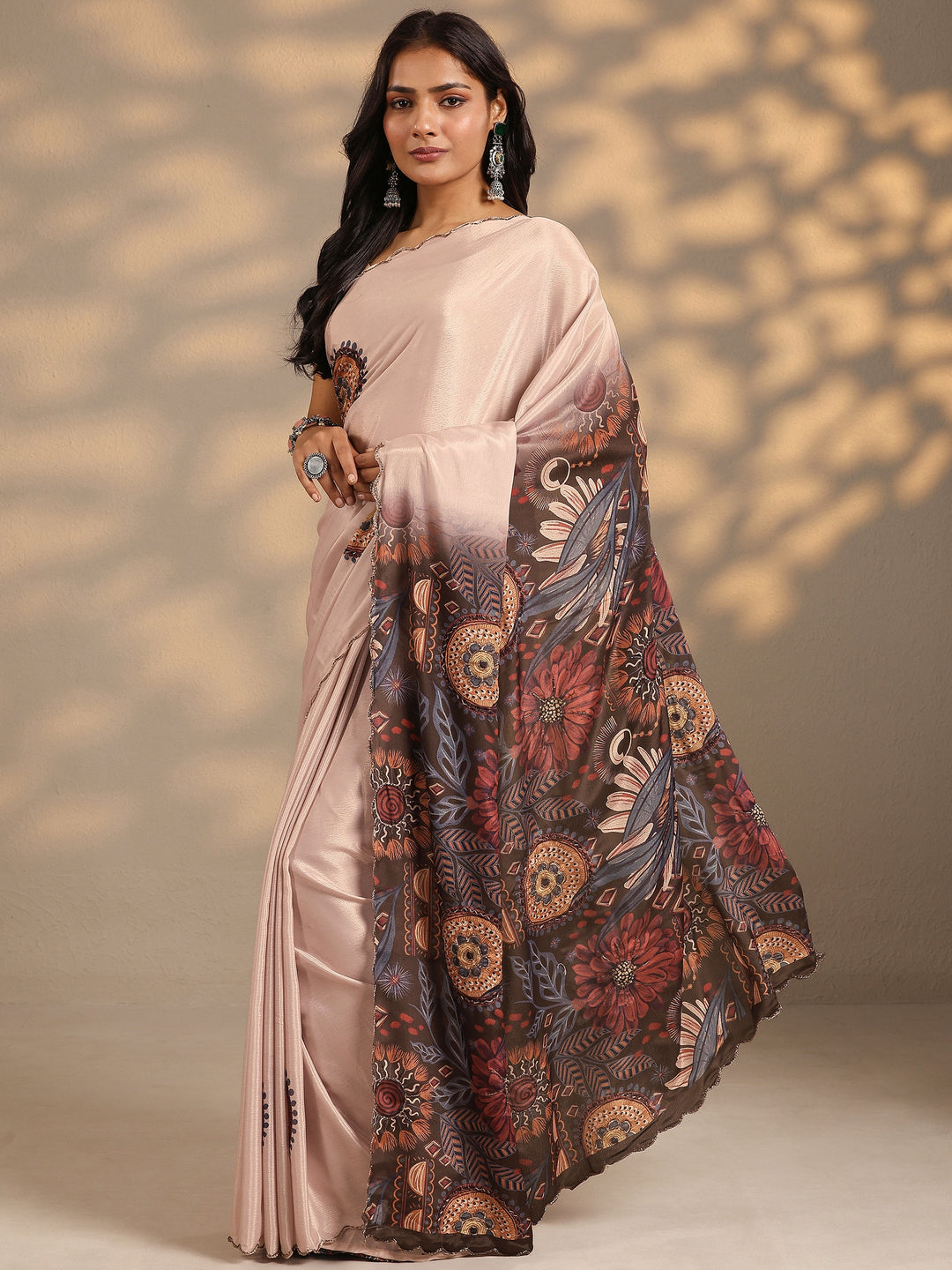  Peach Printed Silk Blend Saree With Unstitched Blouse Piece 