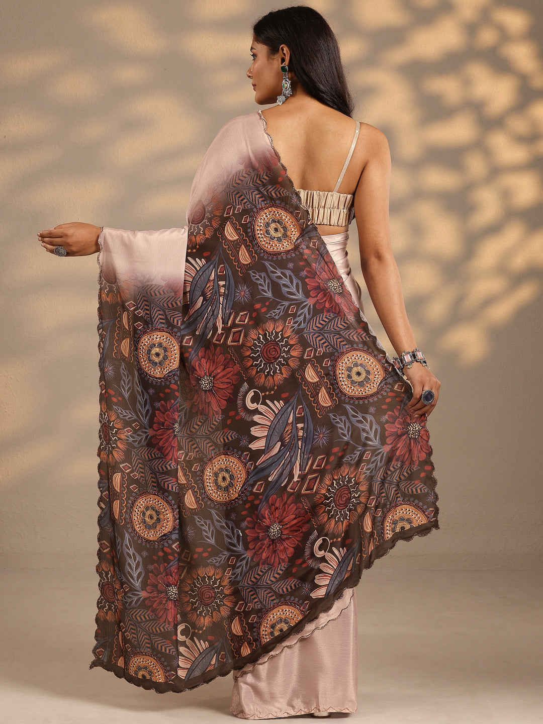  Peach Printed Silk Blend Saree With Unstitched Blouse Piece 