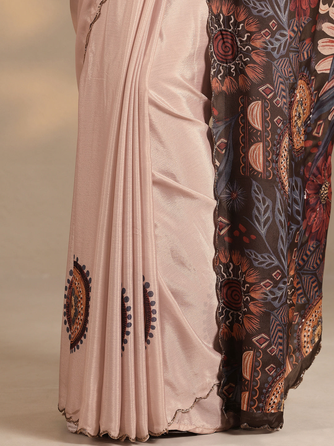  Peach Printed Silk Blend Saree With Unstitched Blouse Piece 