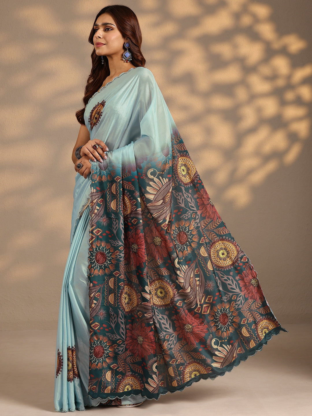  Blue Printed Silk Blend Saree With Unstitched Blouse Piece 