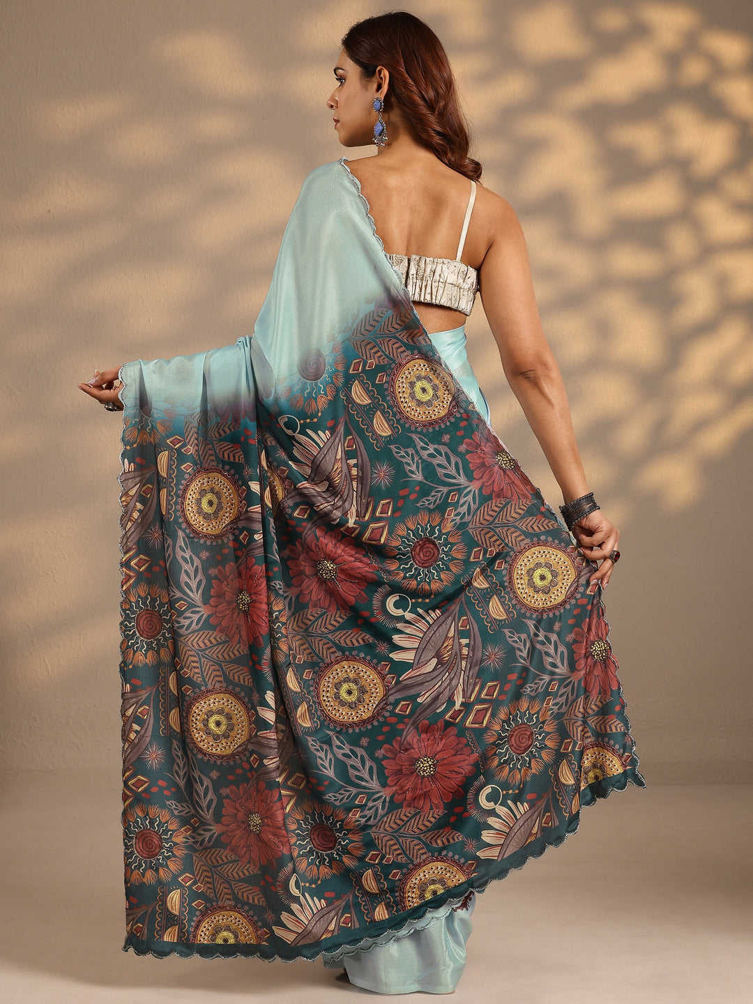  Blue Printed Silk Blend Saree With Unstitched Blouse Piece 
