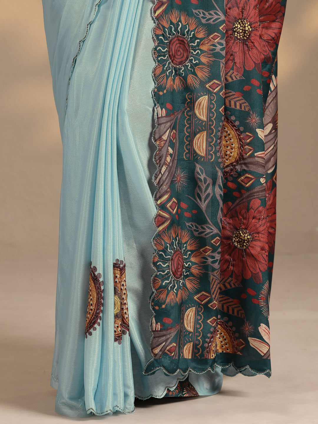  Blue Printed Silk Blend Saree With Unstitched Blouse Piece 