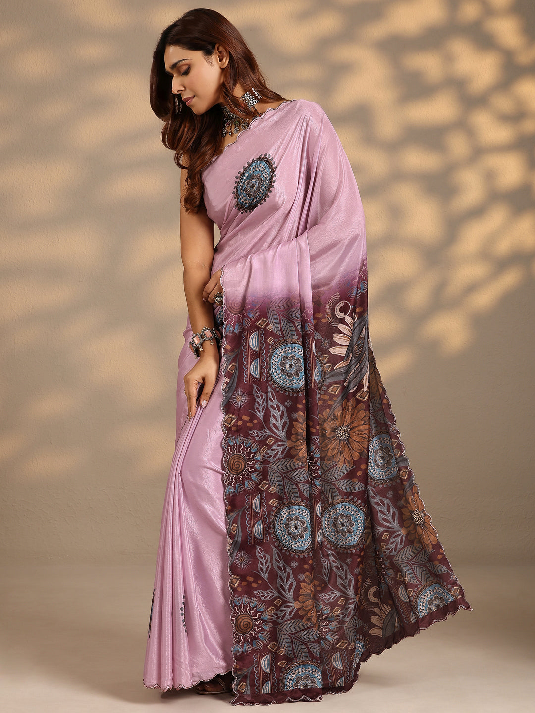  Pink Printed Silk Blend Saree With Unstitched Blouse Piece 