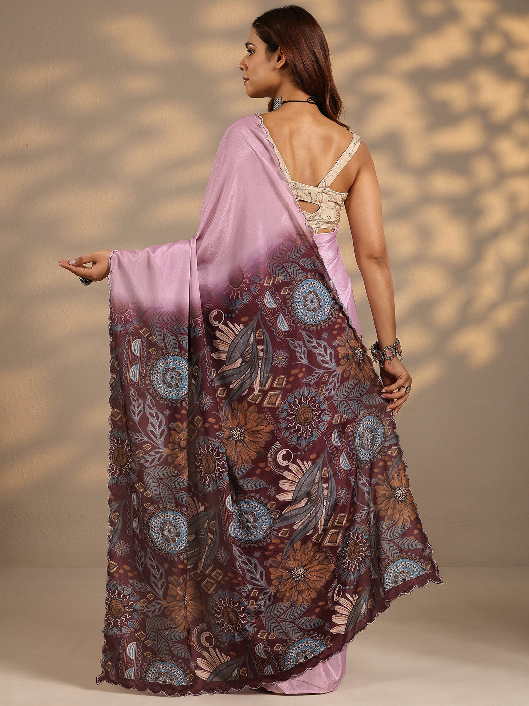  Pink Printed Silk Blend Saree With Unstitched Blouse Piece 
