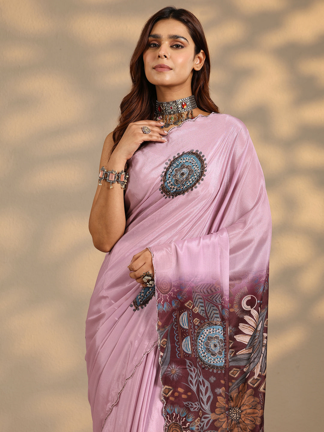  Pink Printed Silk Blend Saree With Unstitched Blouse Piece 