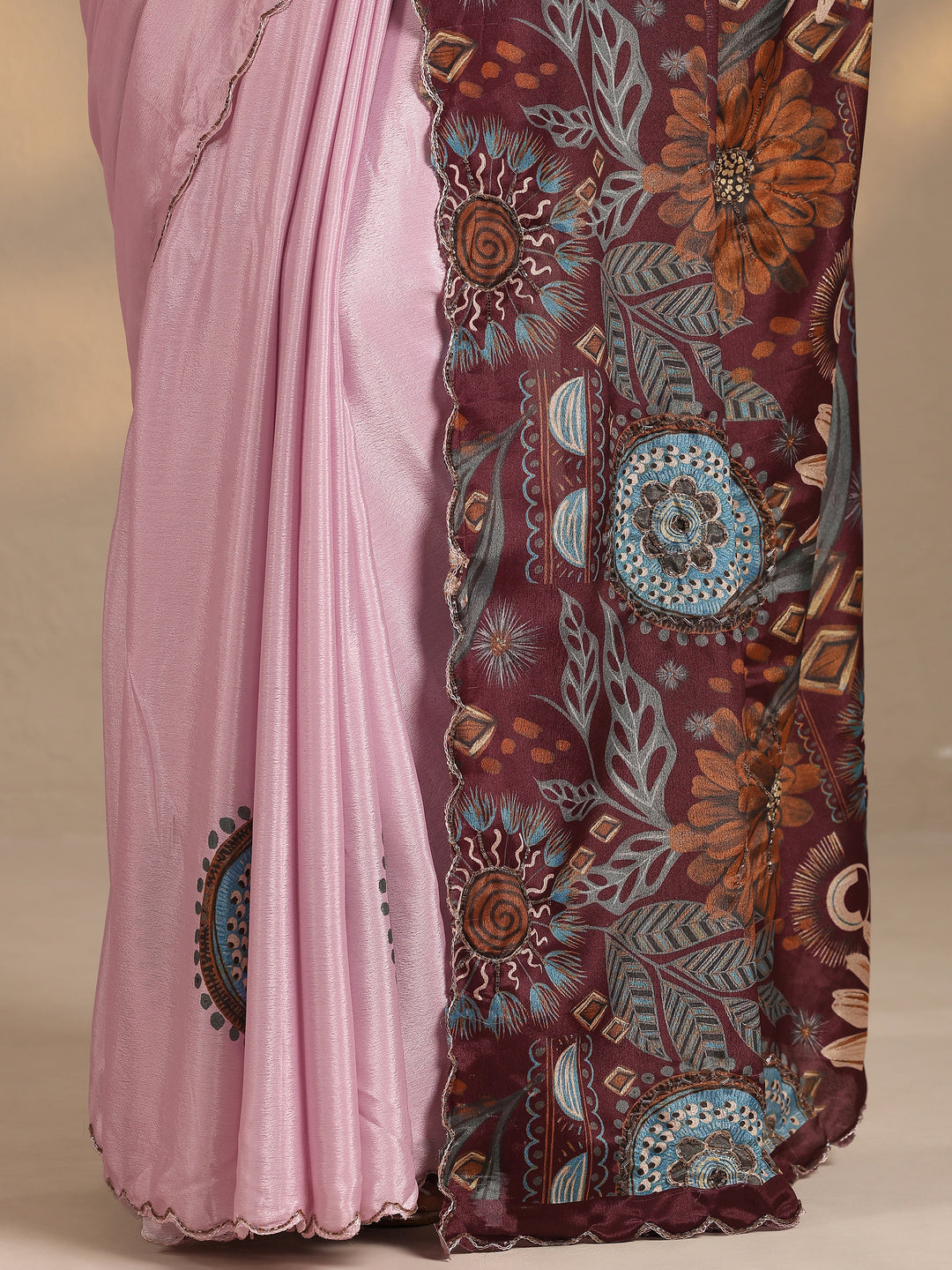  Pink Printed Silk Blend Saree With Unstitched Blouse Piece 