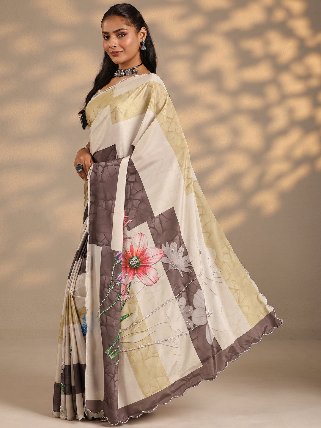  Beige Printed Silk Blend Saree With Unstitched Blouse Piece 