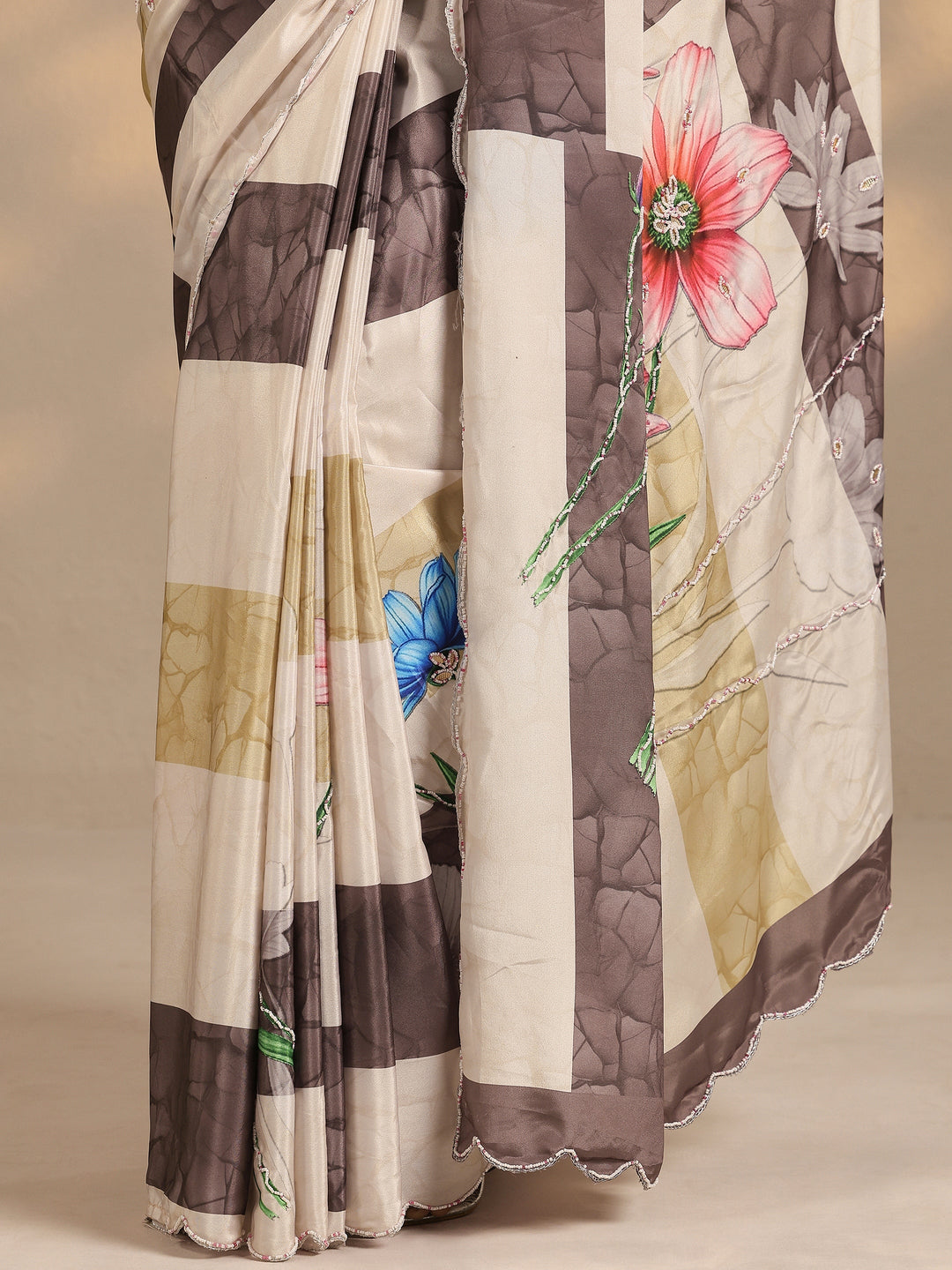  Beige Printed Silk Blend Saree With Unstitched Blouse Piece 