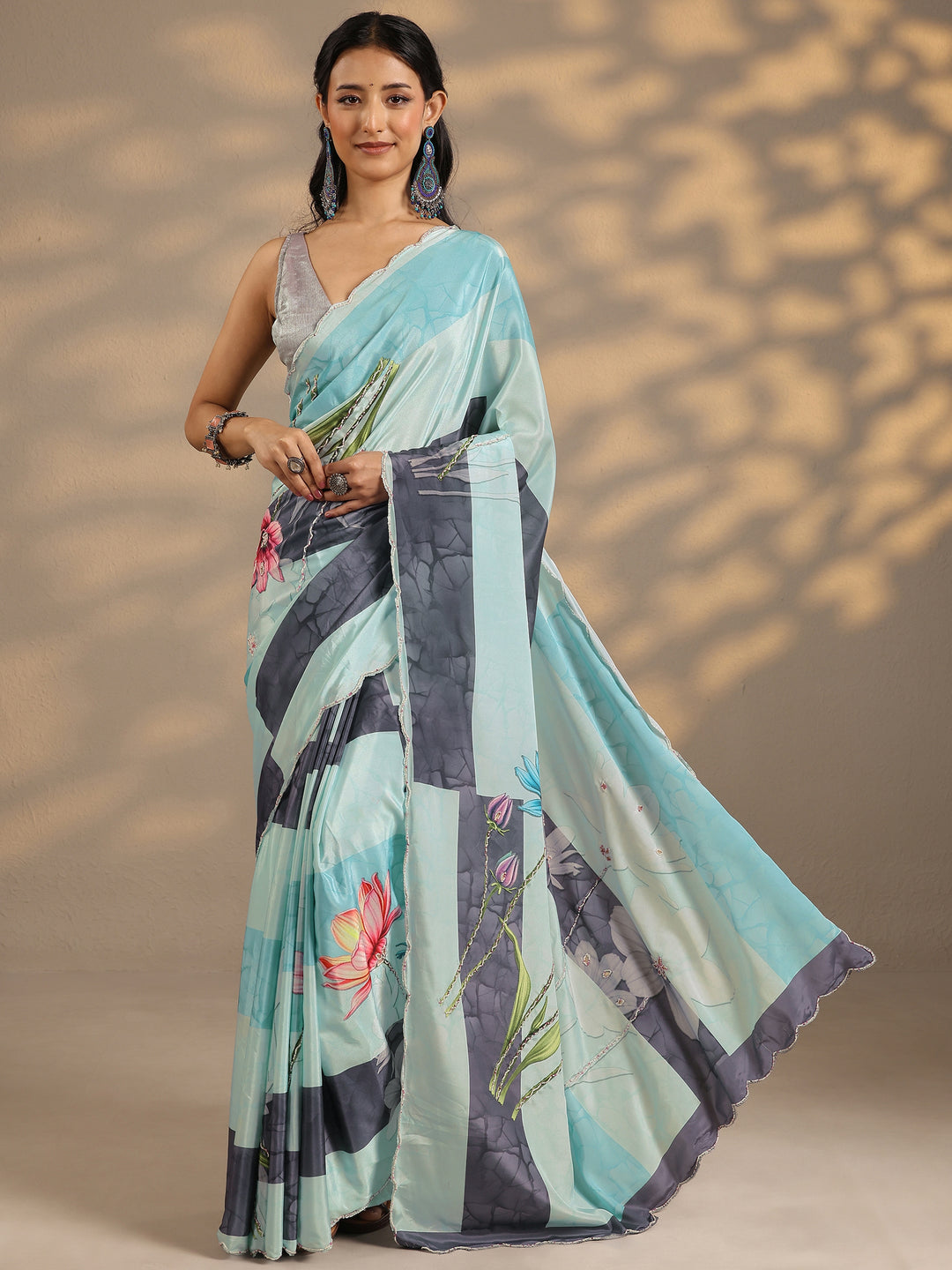  Blue Printed Silk Blend Saree With Unstitched Blouse Piece 