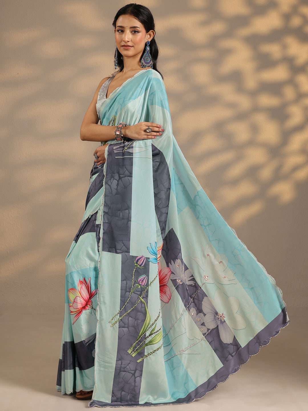  Blue Printed Silk Blend Saree With Unstitched Blouse Piece 