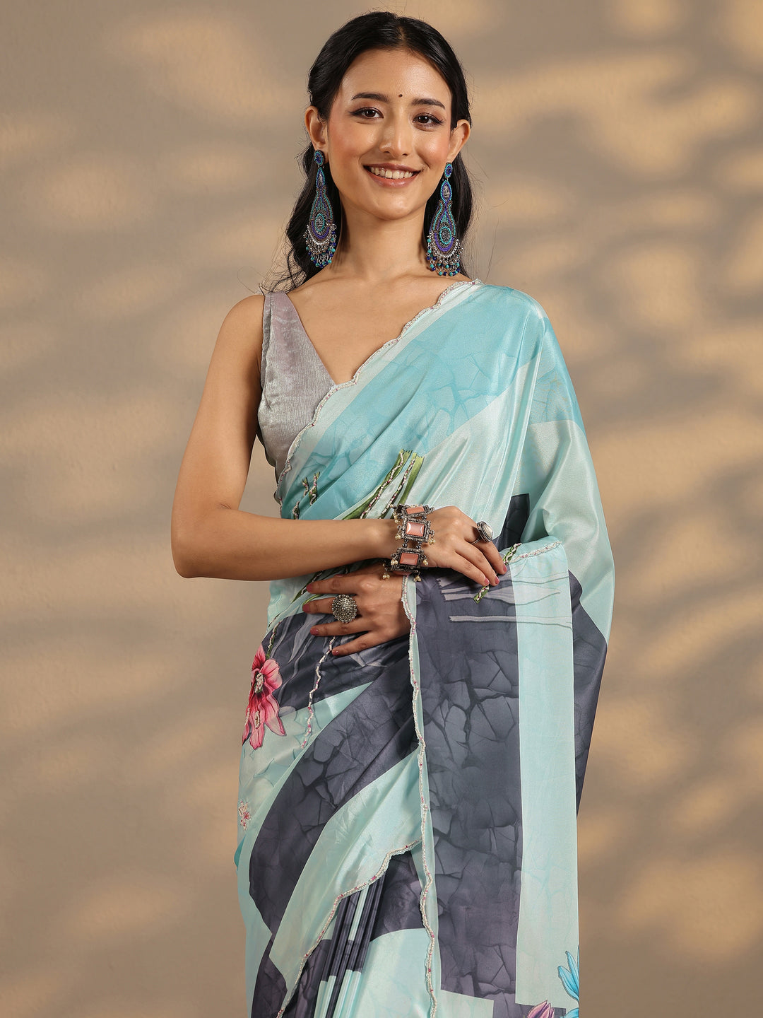  Blue Printed Silk Blend Saree With Unstitched Blouse Piece 