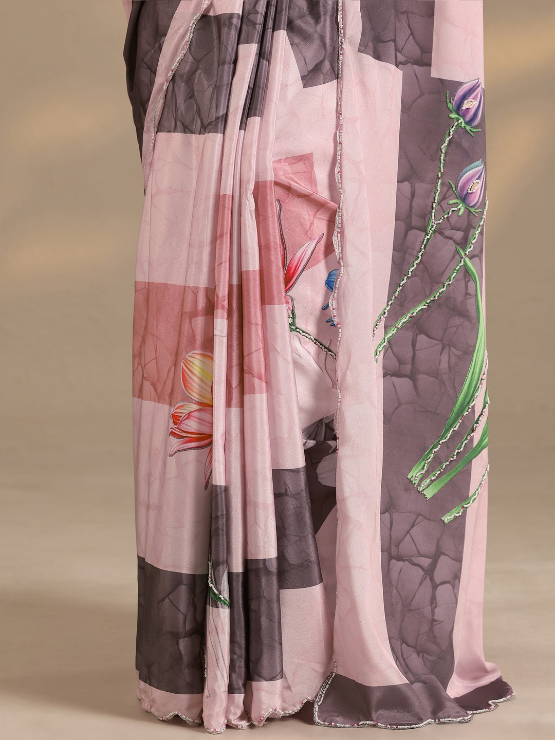  Peach Printed Silk Blend Saree With Unstitched Blouse Piece 