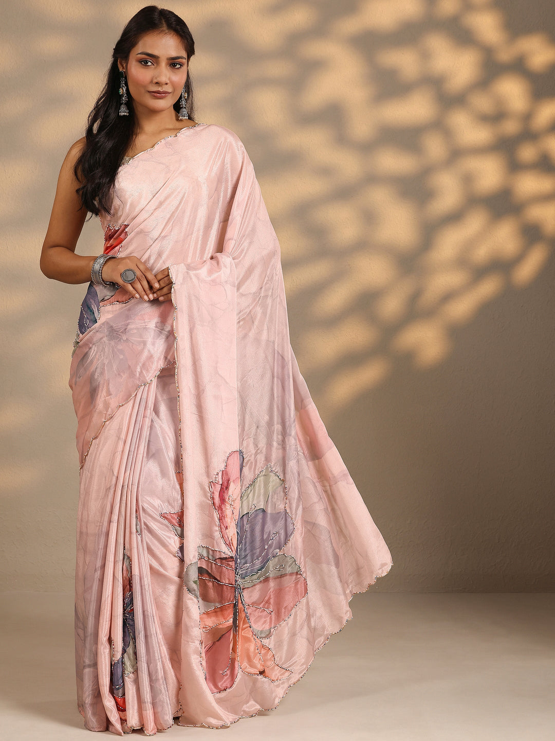  Peach Printed Silk Blend Saree With Unstitched Blouse Piece 