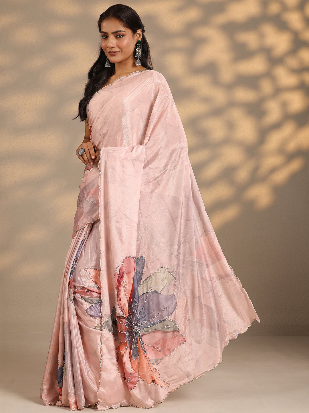  Peach Printed Silk Blend Saree With Unstitched Blouse Piece 