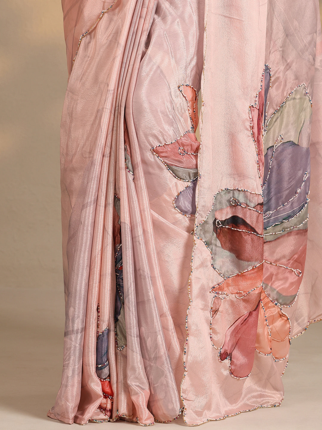  Peach Printed Silk Blend Saree With Unstitched Blouse Piece 